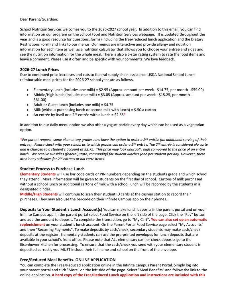 Free & Reduced Lunch Application (Posted 9/8/2026)